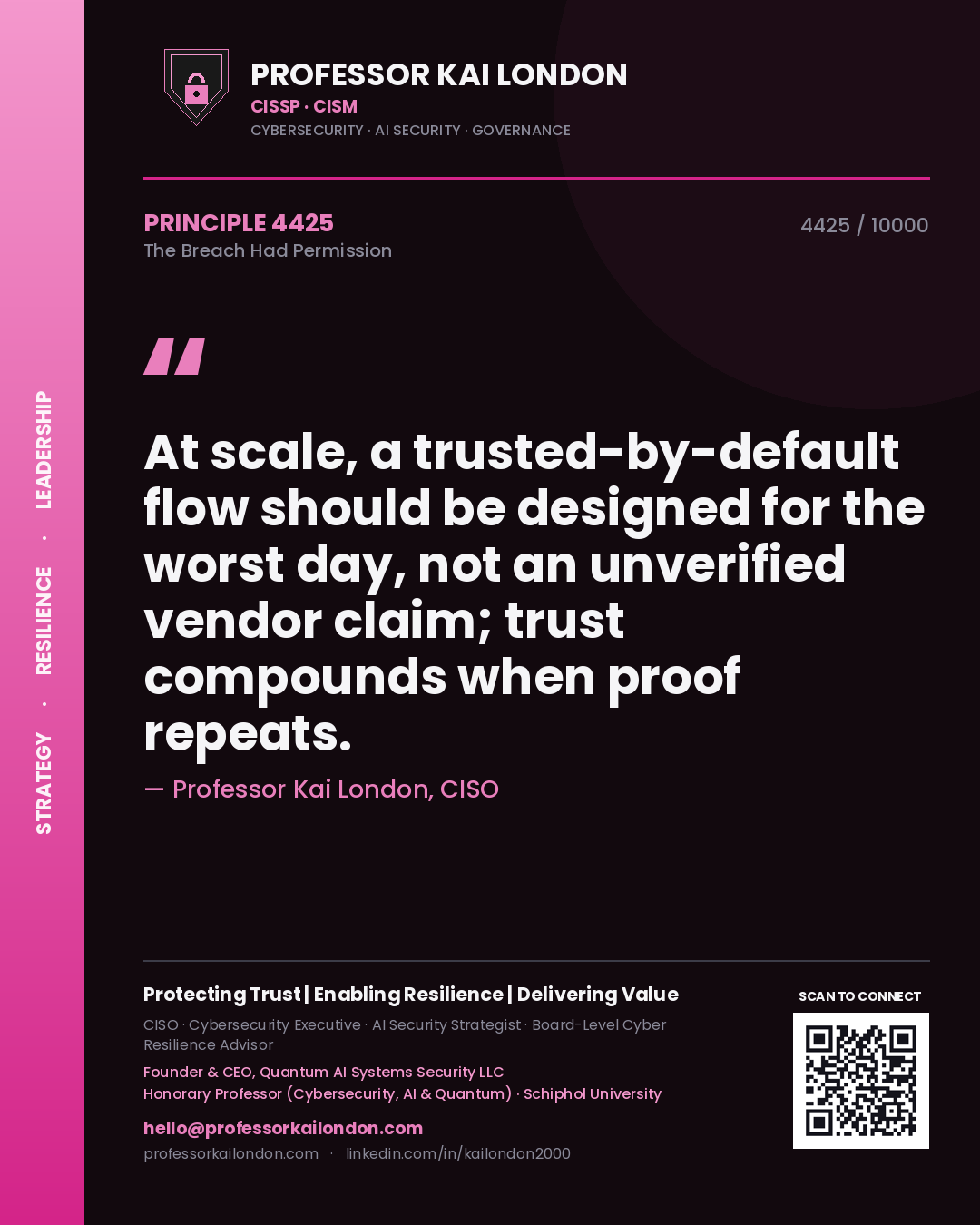 Professor Kai London principle 4425: At scale, a trusted-by-default flow should be designed for the worst day, not an unverified vendor claim; trust compounds when proof repeats.