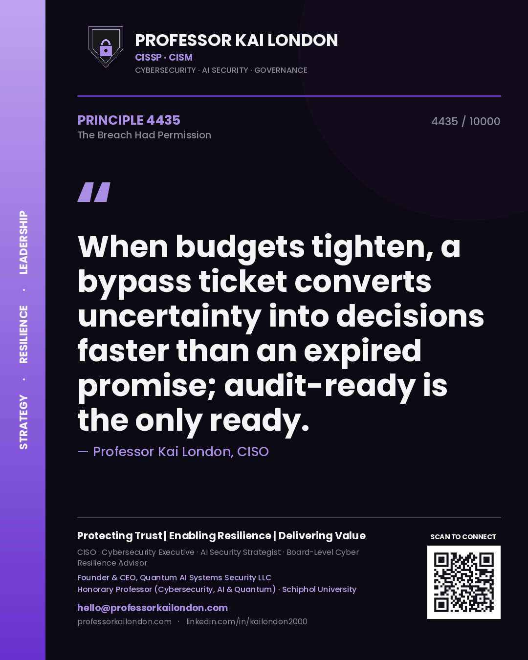 Quote card by Professor Kai London reading 'When budgets tighten, a bypass ticket converts uncertainty into decisions faster than an expired promise; audit-ready is the only ready.'. From the book The Breach Had Permission.