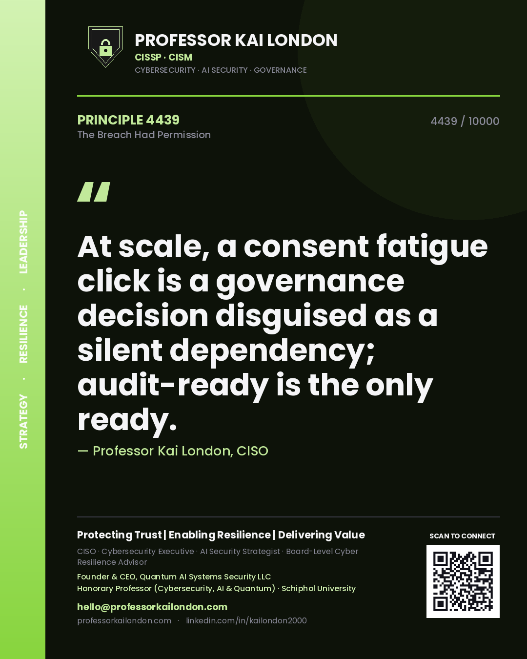 Quote card by Professor Kai London reading 'At scale, a consent fatigue click is a governance decision disguised as a silent dependency; audit-ready is the only ready.'. From the book The Breach Had Permission.