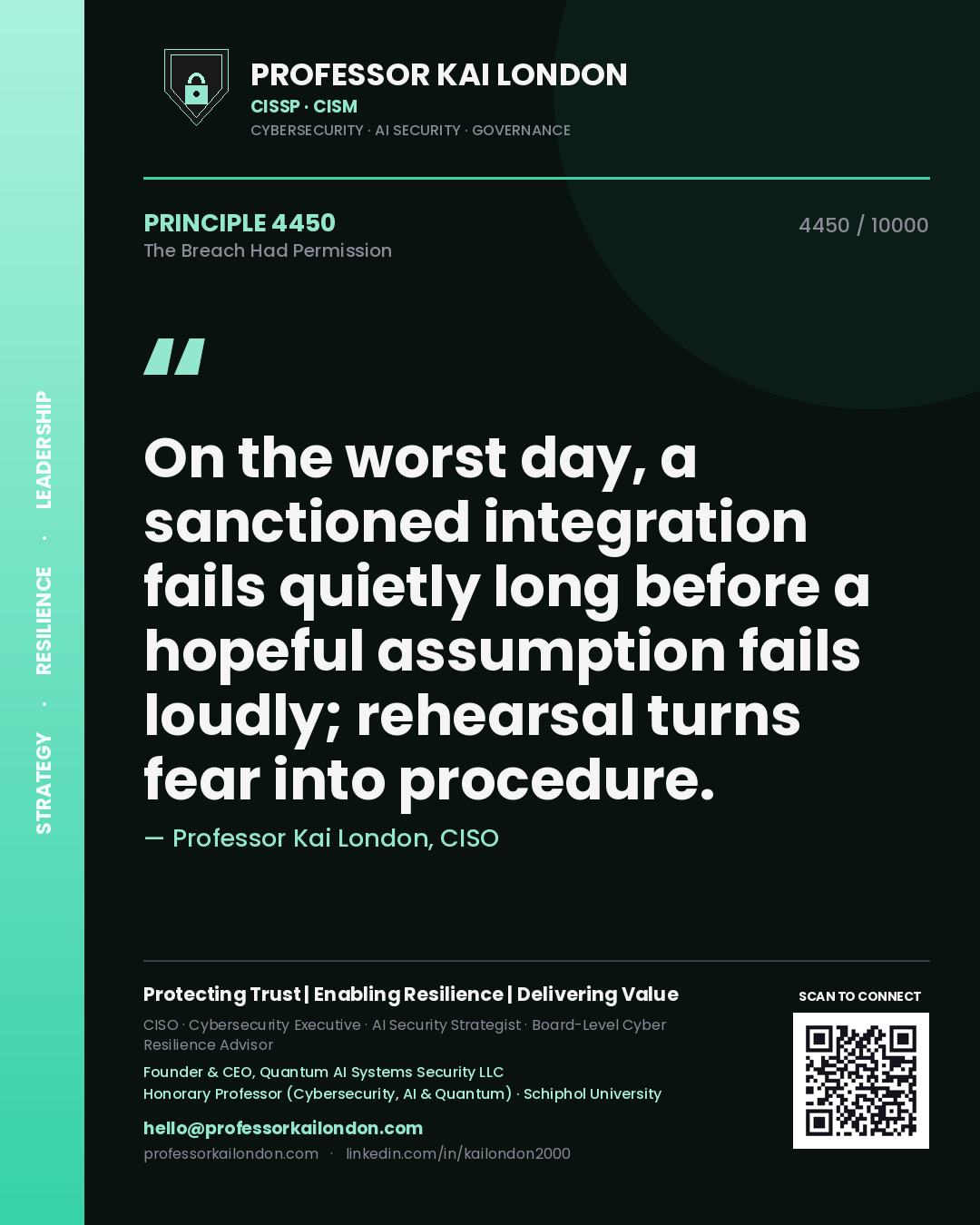 Quote card by Professor Kai London reading 'On the worst day, a sanctioned integration fails quietly long before a hopeful assumption fails loudly; rehearsal turns fear into procedure.'. From the book The Breach Had Permission.