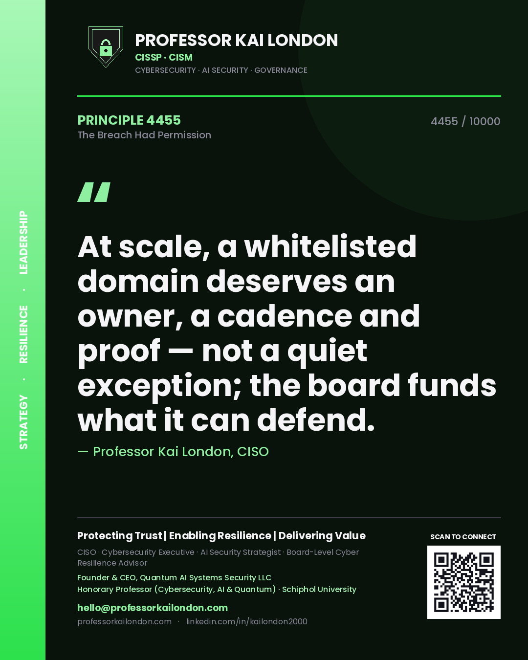 Quote card by Professor Kai London reading 'At scale, a whitelisted domain deserves an owner, a cadence and proof — not a quiet exception; the board funds what it can defend.'. From the book The Breach Had Permission.