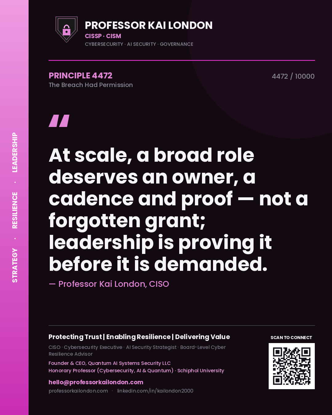 Professor Kai London principle 4472: At scale, a broad role deserves an owner, a cadence and proof — not a forgotten grant; leadership is proving it before it is demanded.