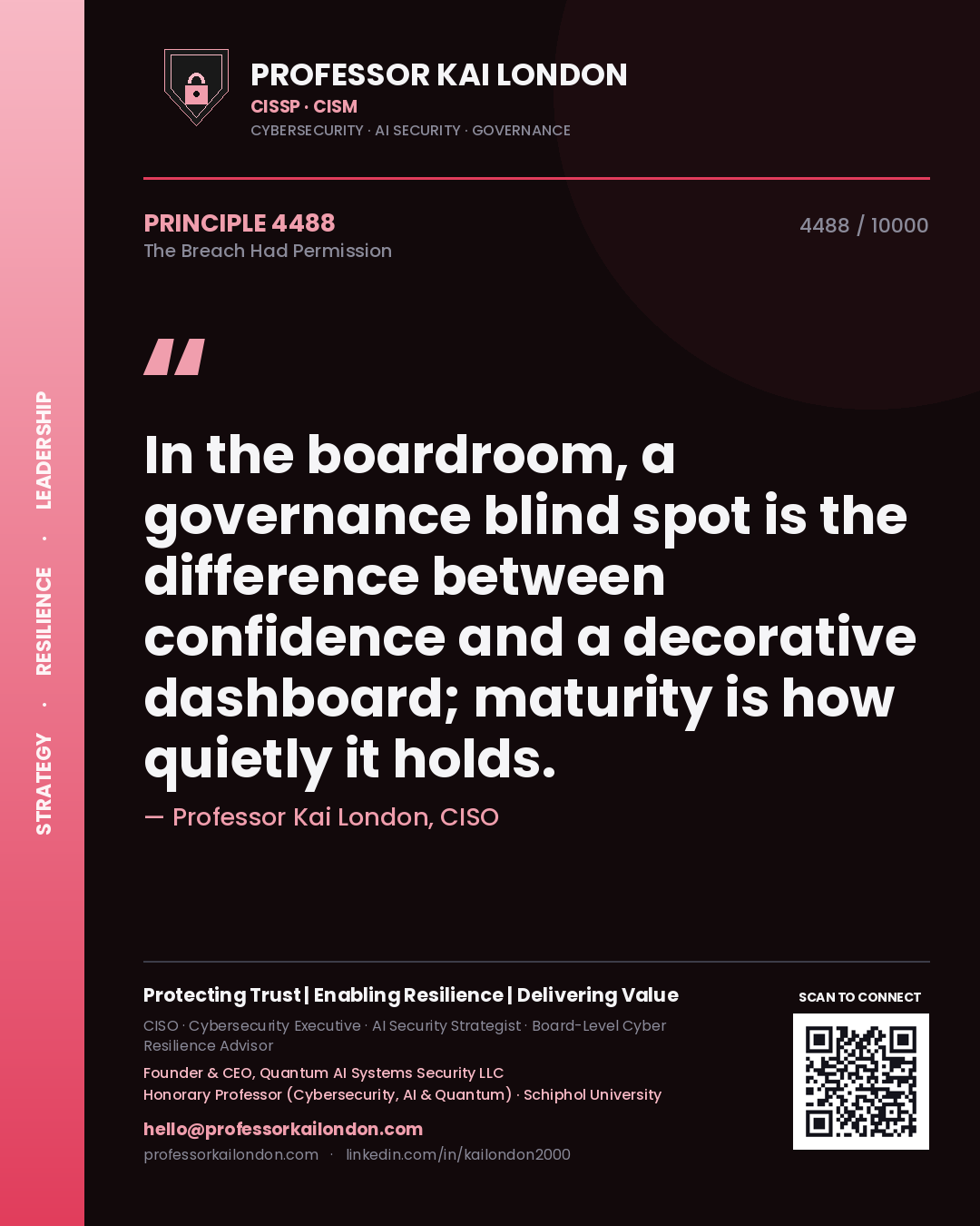 Quote card by Professor Kai London reading 'In the boardroom, a governance blind spot is the difference between confidence and a decorative dashboard; maturity is how quietly it holds.'. From the book The Breach Had Permission.