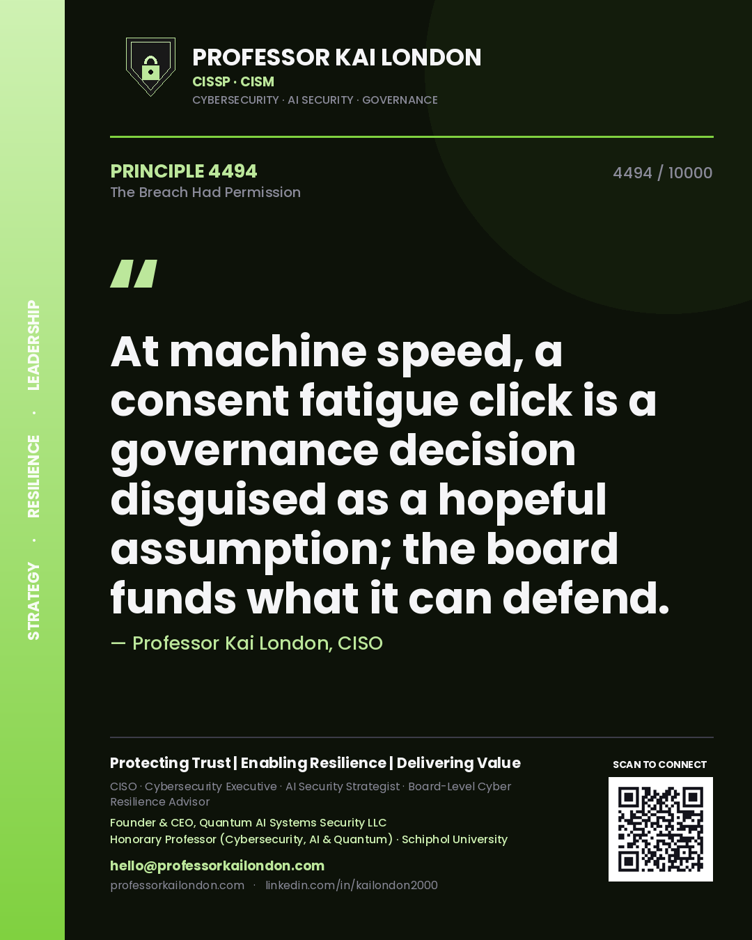 Professor Kai London principle 4494: At machine speed, a consent fatigue click is a governance decision disguised as a hopeful assumption; the board funds what it can defend.