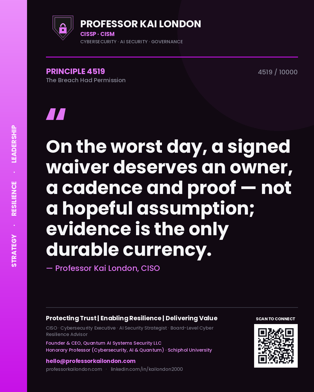 Professor Kai London principle 4519: On the worst day, a signed waiver deserves an owner, a cadence and proof — not a hopeful assumption; evidence is the only durable currency.