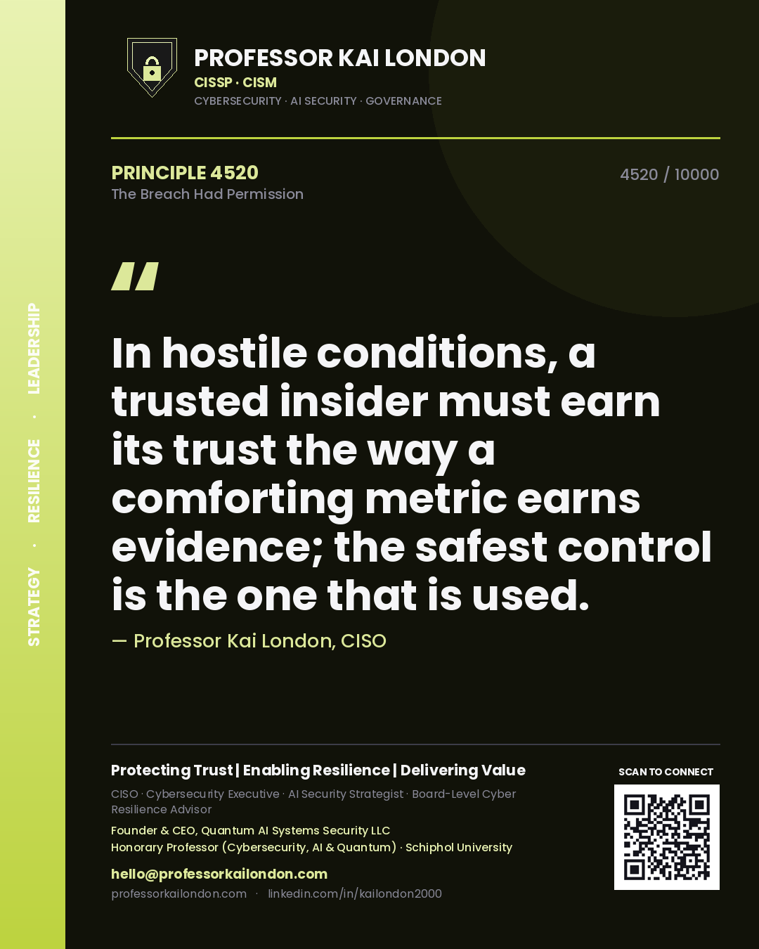 Professor Kai London principle 4520: In hostile conditions, a trusted insider must earn its trust the way a comforting metric earns evidence; the safest control is the one that is used.