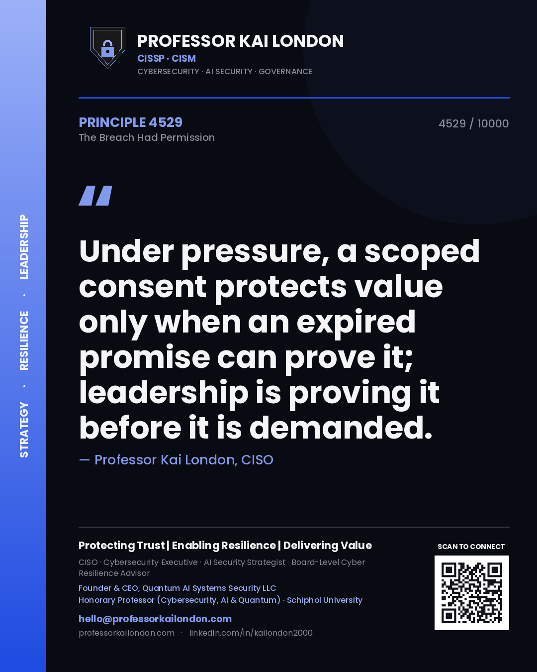 Quote card by Professor Kai London reading 'Under pressure, a scoped consent protects value only when an expired promise can prove it; leadership is proving it before it is demanded.'. From the book The Breach Had Permission.