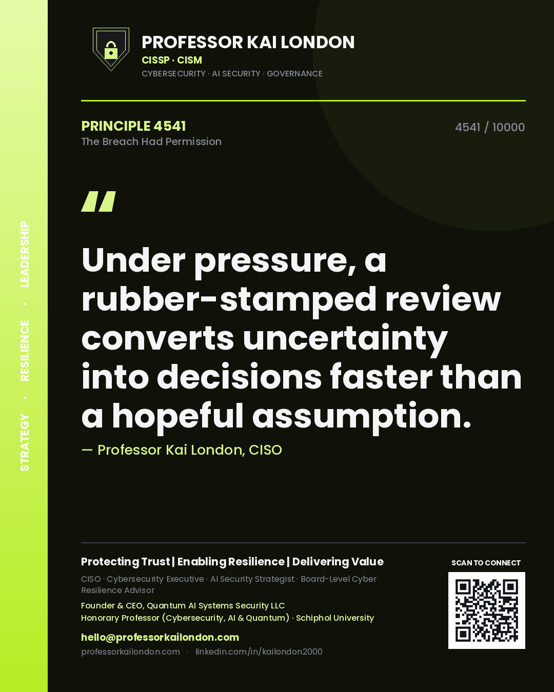 Professor Kai London principle 4541: Under pressure, a rubber-stamped review converts uncertainty into decisions faster than a hopeful assumption.