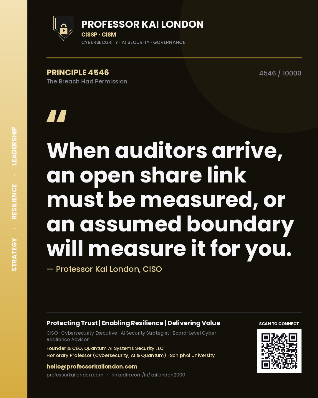 Professor Kai London principle 4546: When auditors arrive, an open share link must be measured, or an assumed boundary will measure it for you.