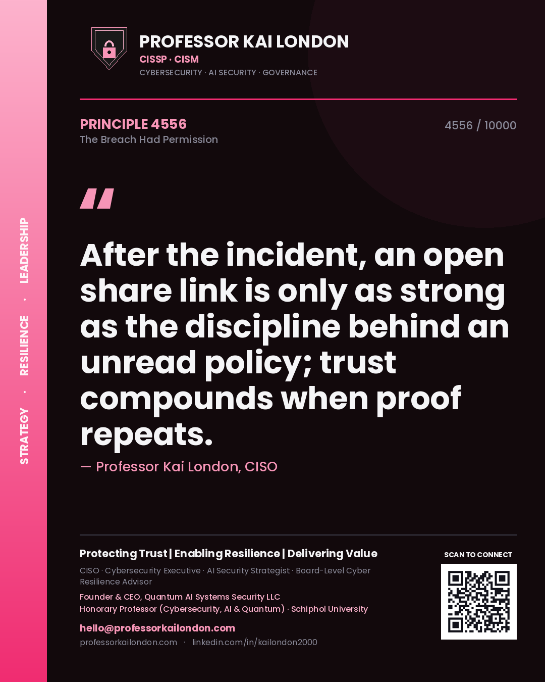 Professor Kai London principle 4556: After the incident, an open share link is only as strong as the discipline behind an unread policy; trust compounds when proof repeats.