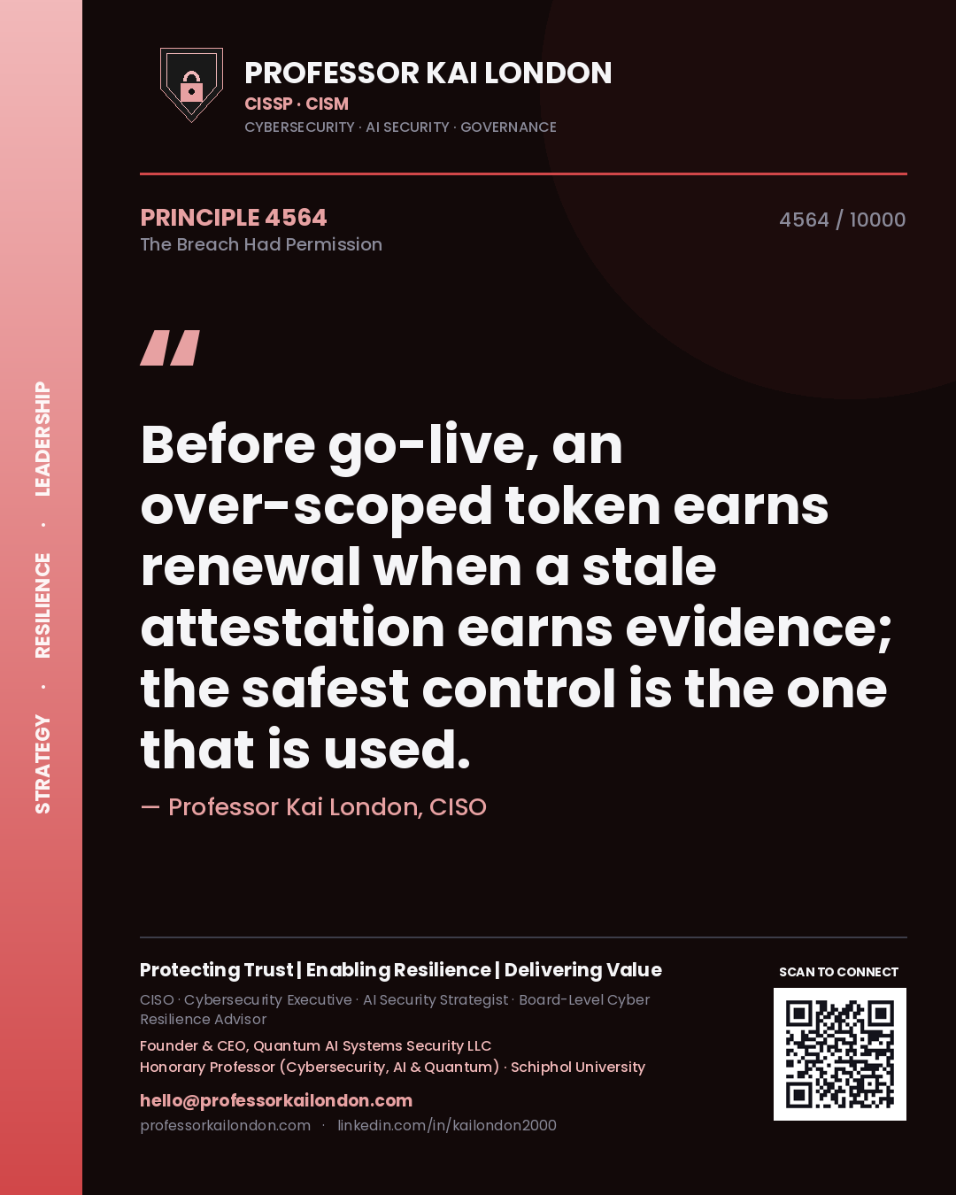 Quote card by Professor Kai London reading 'Before go-live, an over-scoped token earns renewal when a stale attestation earns evidence; the safest control is the one that is used.'. From the book The Breach Had Permission.