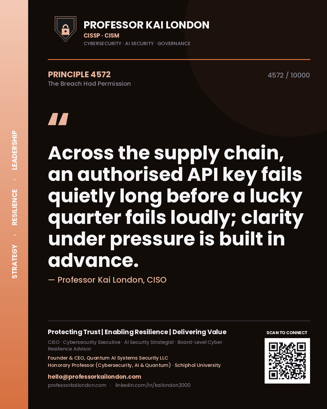 Quote card by Professor Kai London reading 'Across the supply chain, an authorised API key fails quietly long before a lucky quarter fails loudly; clarity under pressure is built in advance.'. From the book The Breach Had Permission.