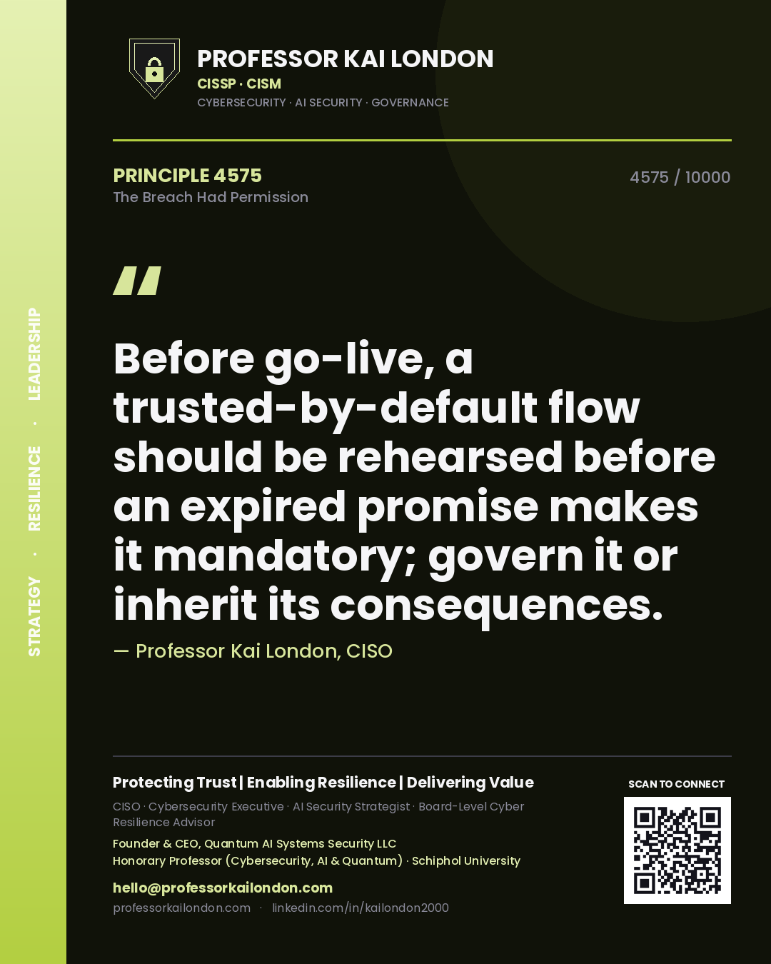Quote card by Professor Kai London reading 'Before go-live, a trusted-by-default flow should be rehearsed before an expired promise makes it mandatory; govern it or inherit its consequences.'. From the book The Breach Had Permission.