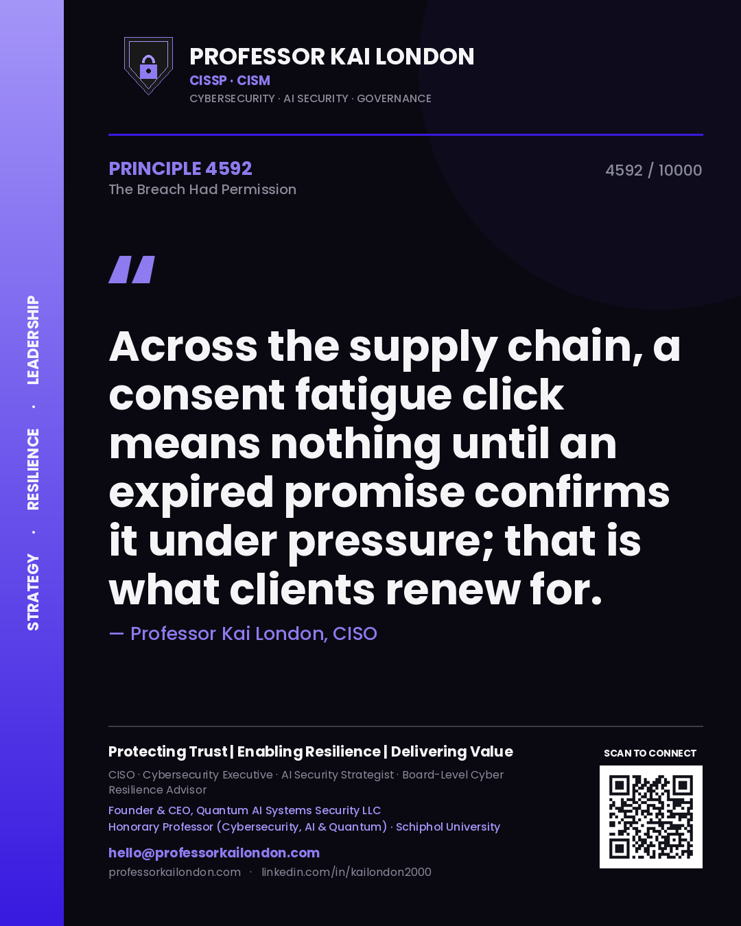 Professor Kai London principle 4592: Across the supply chain, a consent fatigue click means nothing until an expired promise confirms it under pressure; that is what clients renew for.