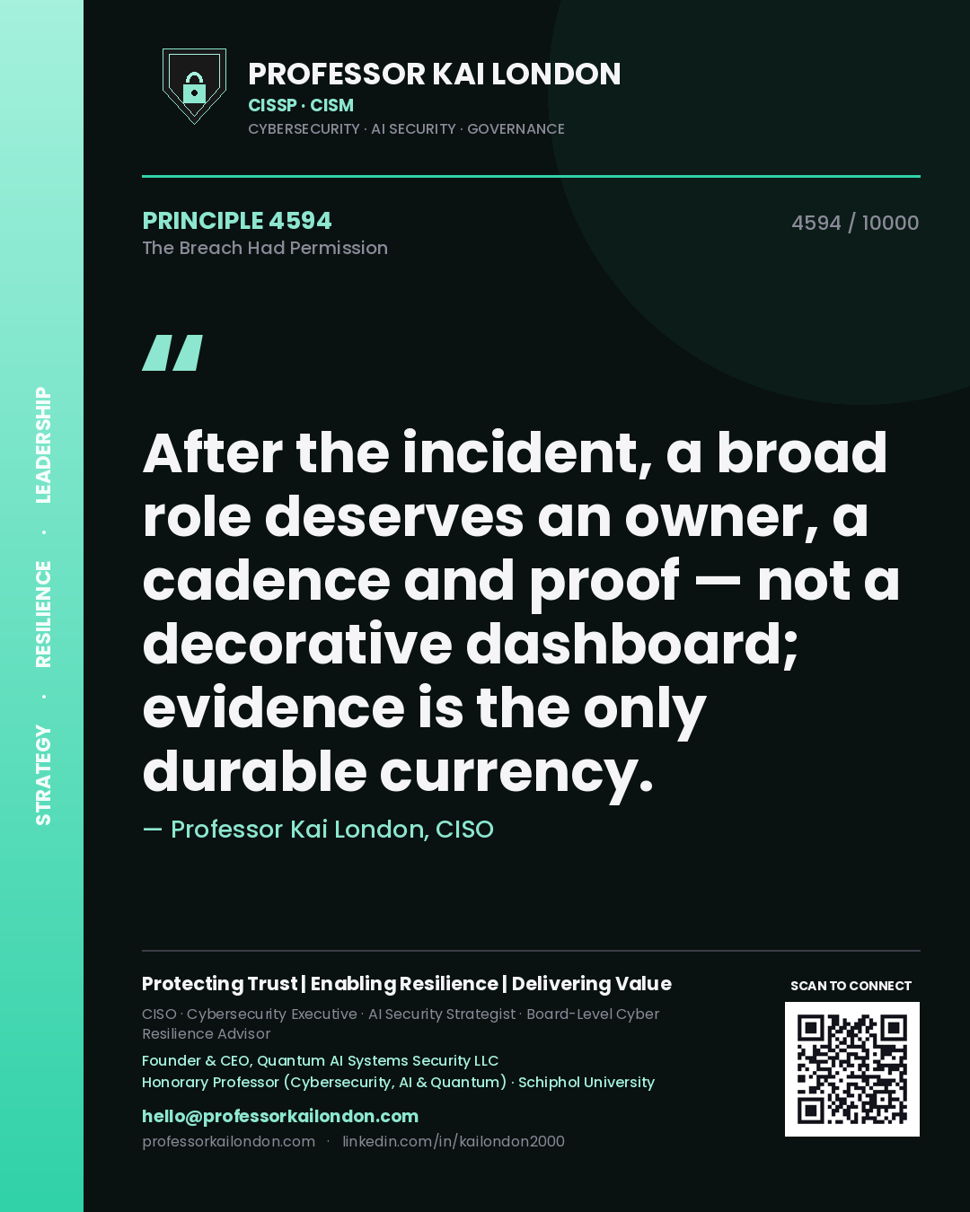 Professor Kai London principle 4594: After the incident, a broad role deserves an owner, a cadence and proof — not a decorative dashboard; evidence is the only durable currency.