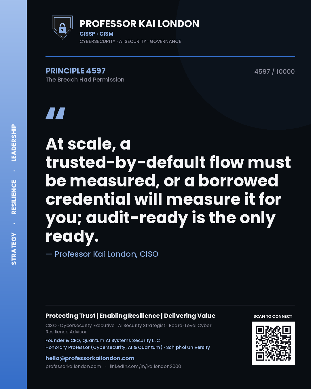 Professor Kai London principle 4597: At scale, a trusted-by-default flow must be measured, or a borrowed credential will measure it for you; audit-ready is the only ready.