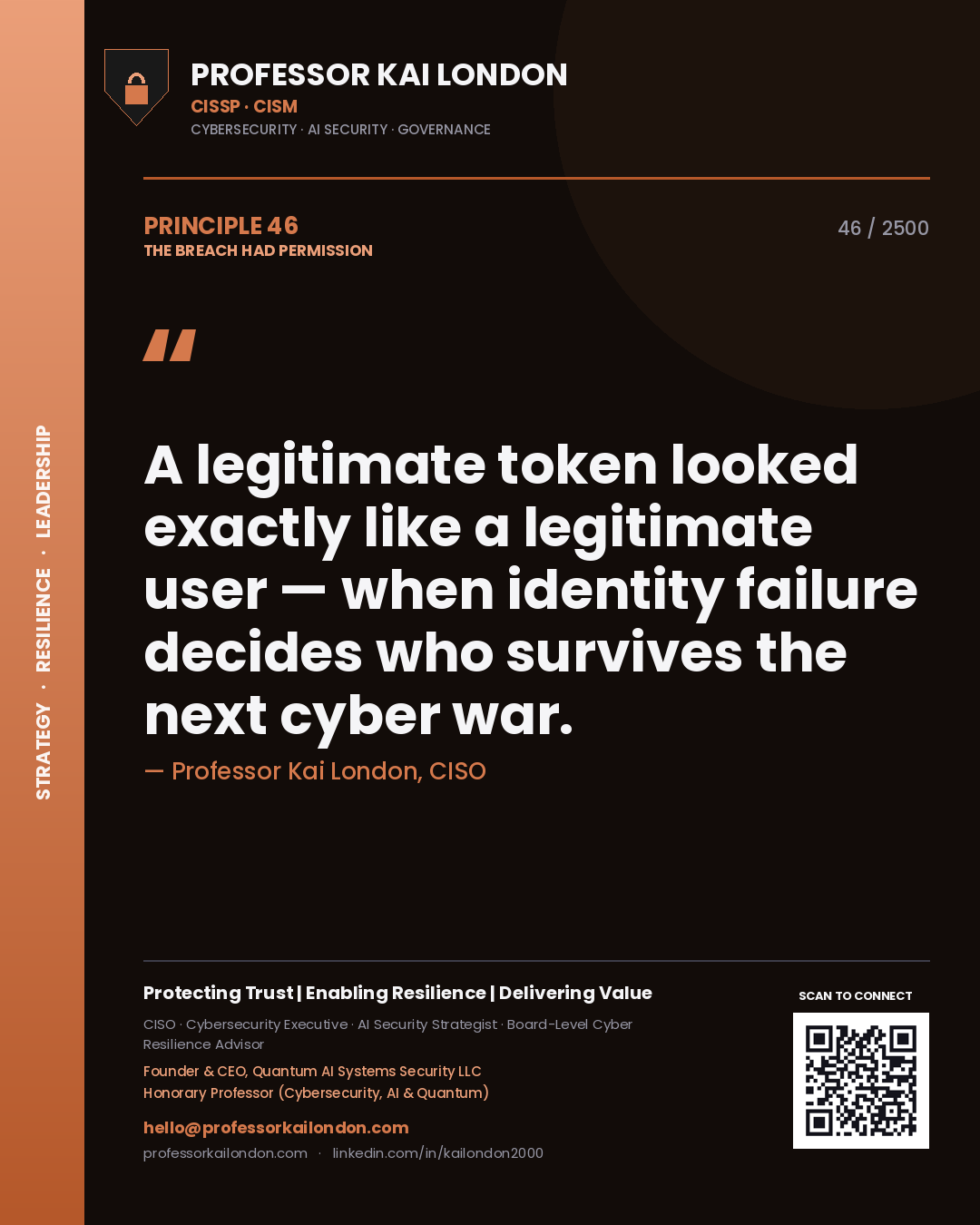 Professor Kai London principle 46: A legitimate token looked exactly like a legitimate user — when identity failure decides who survives the next cyber war.