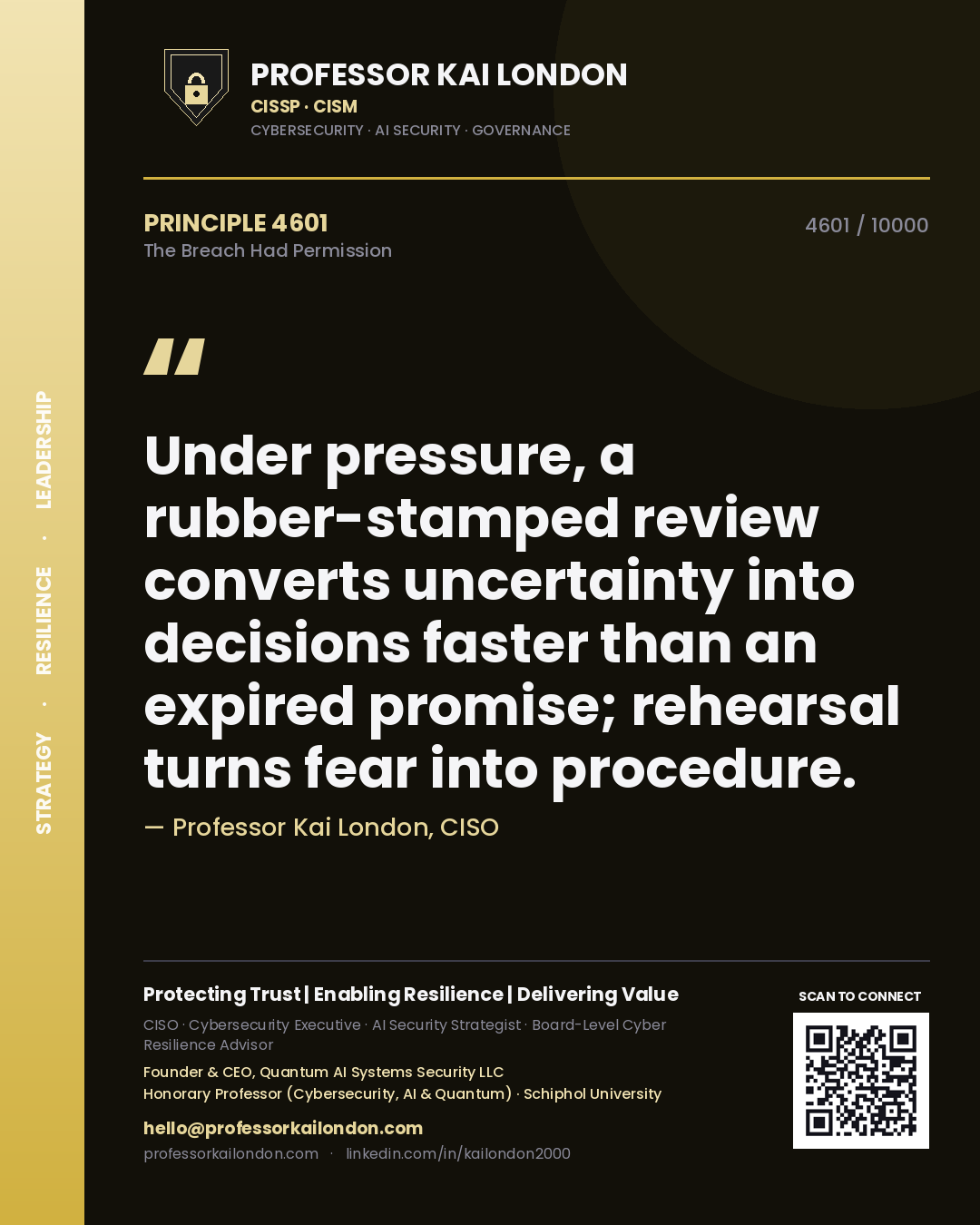 Professor Kai London principle 4601: Under pressure, a rubber-stamped review converts uncertainty into decisions faster than an expired promise; rehearsal turns fear into procedure.