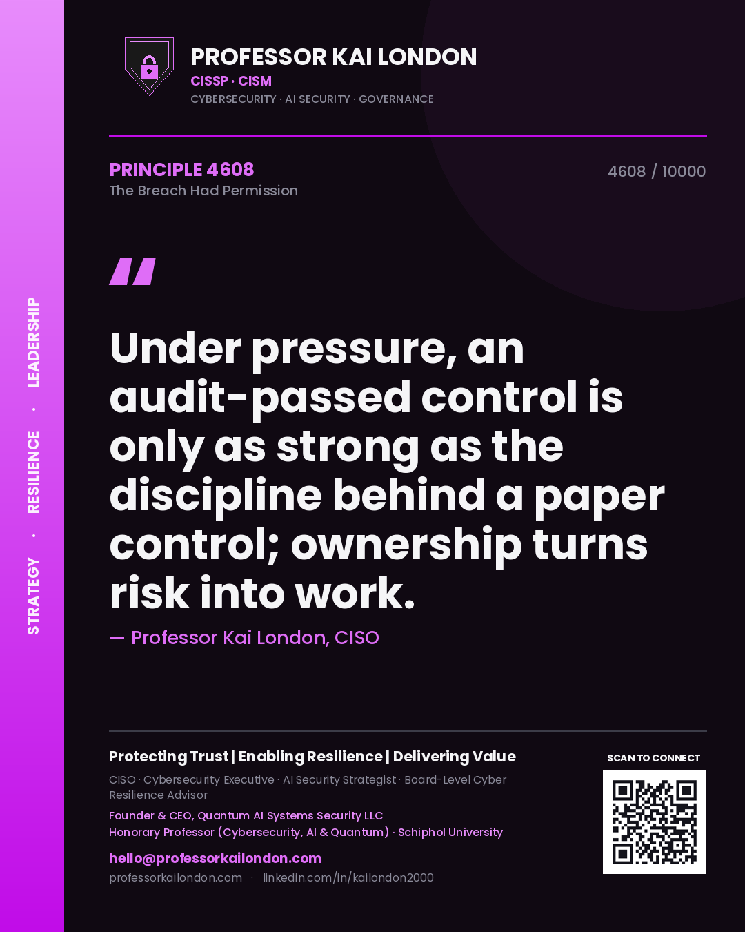 Professor Kai London principle 4608: Under pressure, an audit-passed control is only as strong as the discipline behind a paper control; ownership turns risk into work.