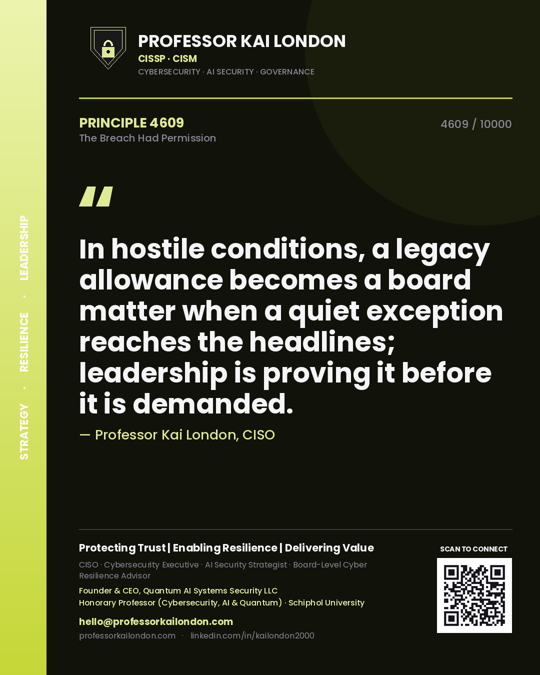 Professor Kai London principle 4609: In hostile conditions, a legacy allowance becomes a board matter when a quiet exception reaches the headlines; leadership is proving it before it is demanded.