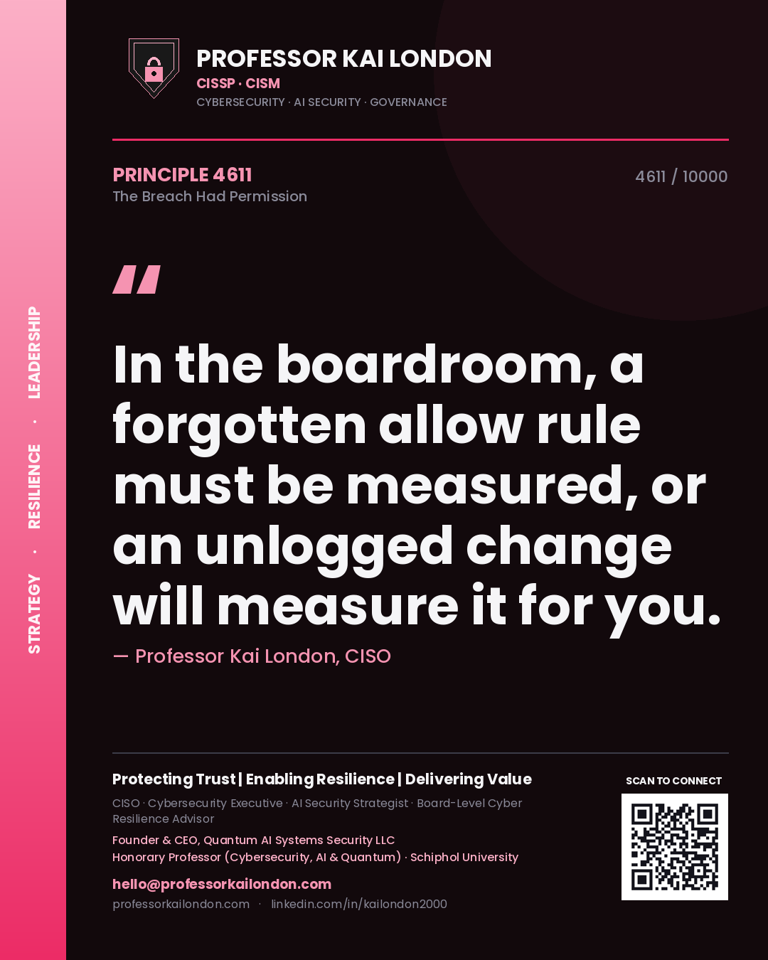 Professor Kai London principle 4611: In the boardroom, a forgotten allow rule must be measured, or an unlogged change will measure it for you.