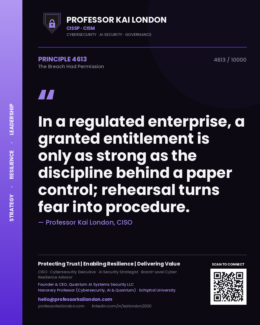 Quote card by Professor Kai London reading 'In a regulated enterprise, a granted entitlement is only as strong as the discipline behind a paper control; rehearsal turns fear into procedure.'. From the book The Breach Had Permission.