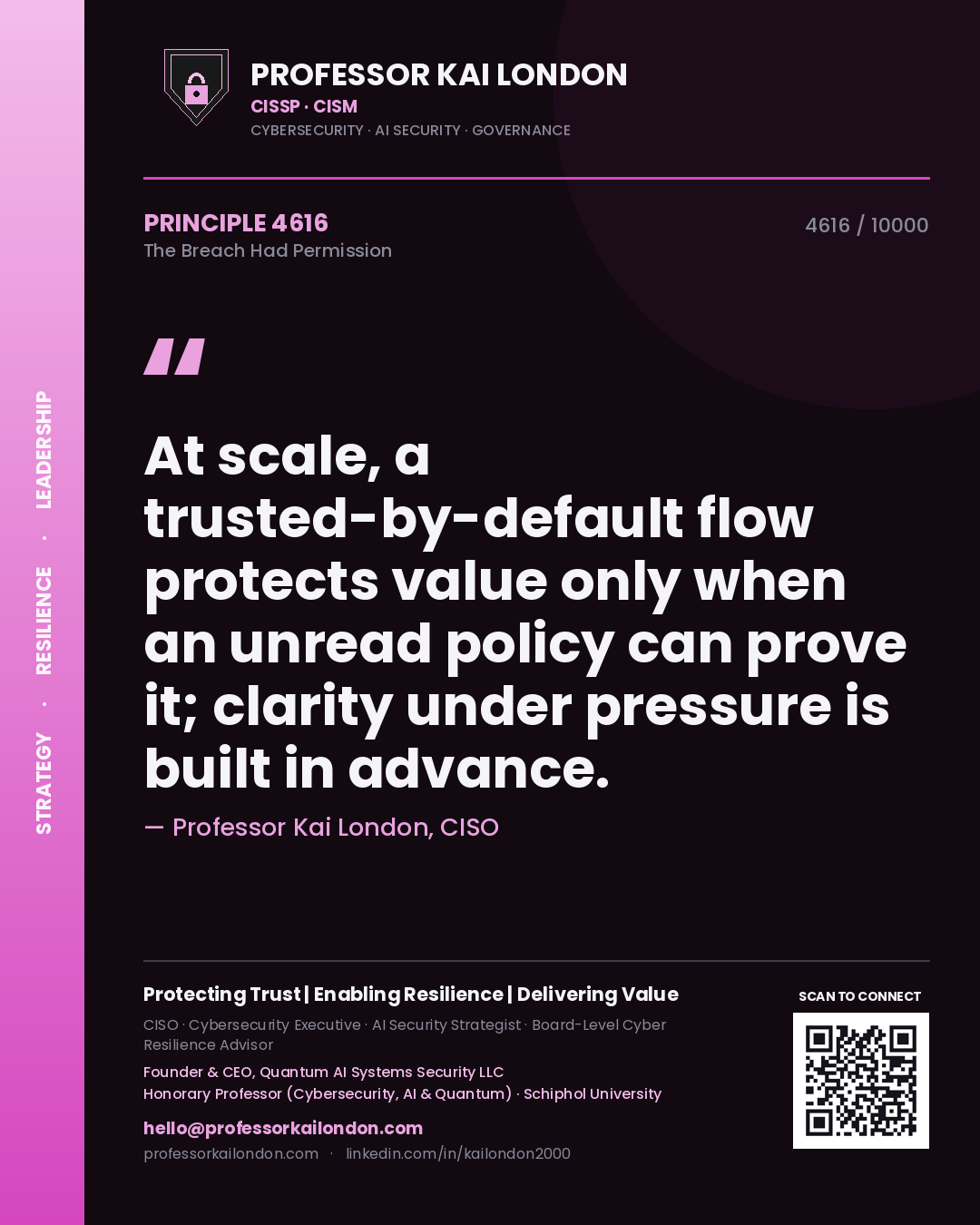 Professor Kai London principle 4616: At scale, a trusted-by-default flow protects value only when an unread policy can prove it; clarity under pressure is built in advance.