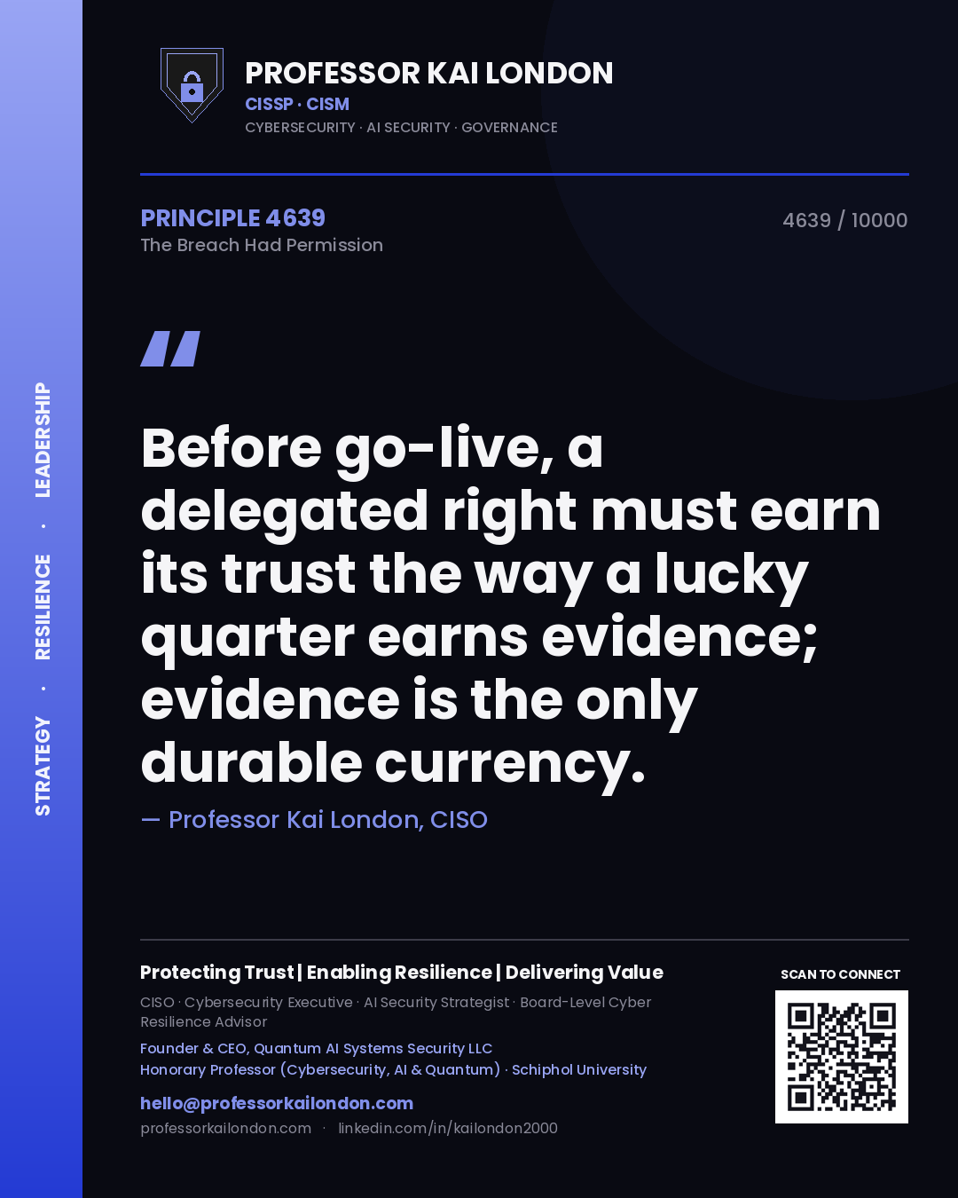 Professor Kai London principle 4639: Before go-live, a delegated right must earn its trust the way a lucky quarter earns evidence; evidence is the only durable currency.