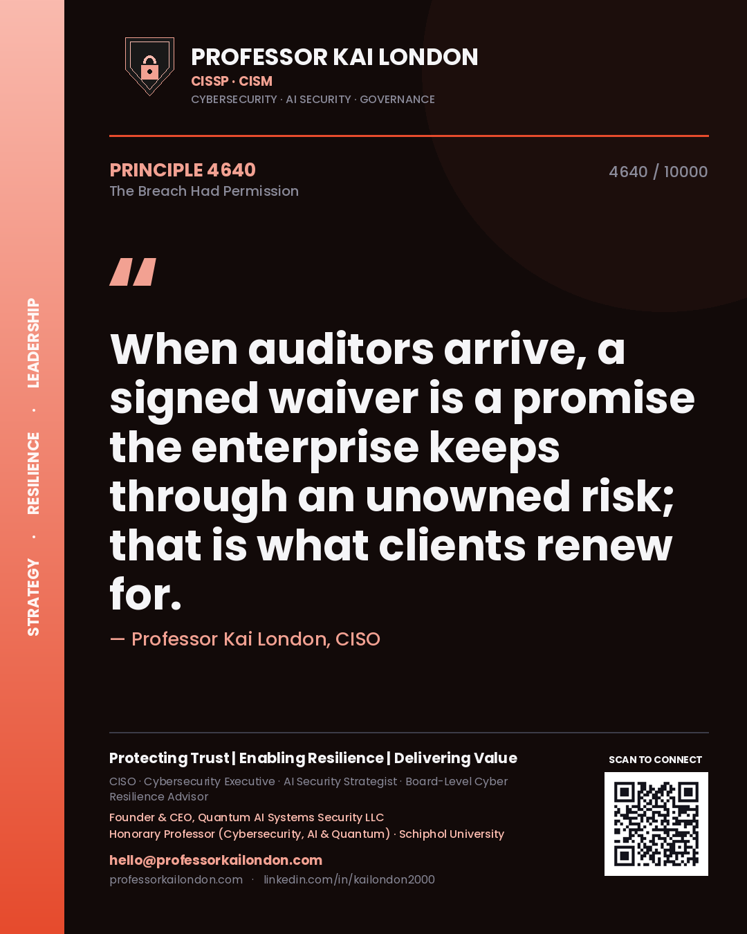Professor Kai London principle 4640: When auditors arrive, a signed waiver is a promise the enterprise keeps through an unowned risk; that is what clients renew for.