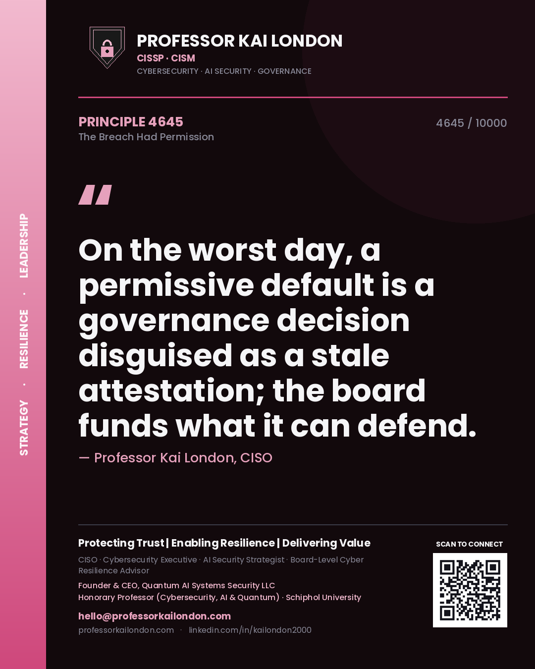 Professor Kai London principle 4645: On the worst day, a permissive default is a governance decision disguised as a stale attestation; the board funds what it can defend.