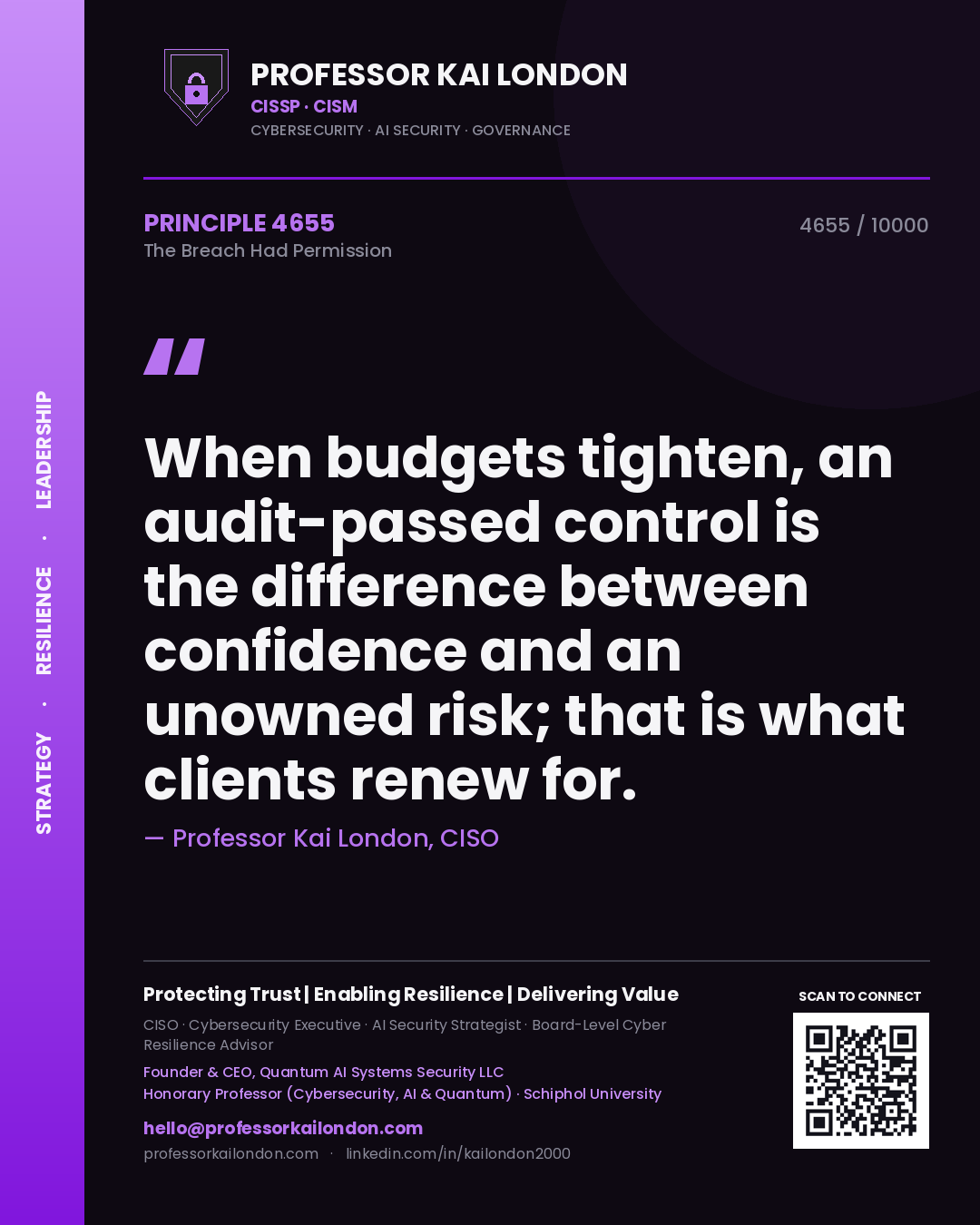 Professor Kai London principle 4655: When budgets tighten, an audit-passed control is the difference between confidence and an unowned risk; that is what clients renew for.