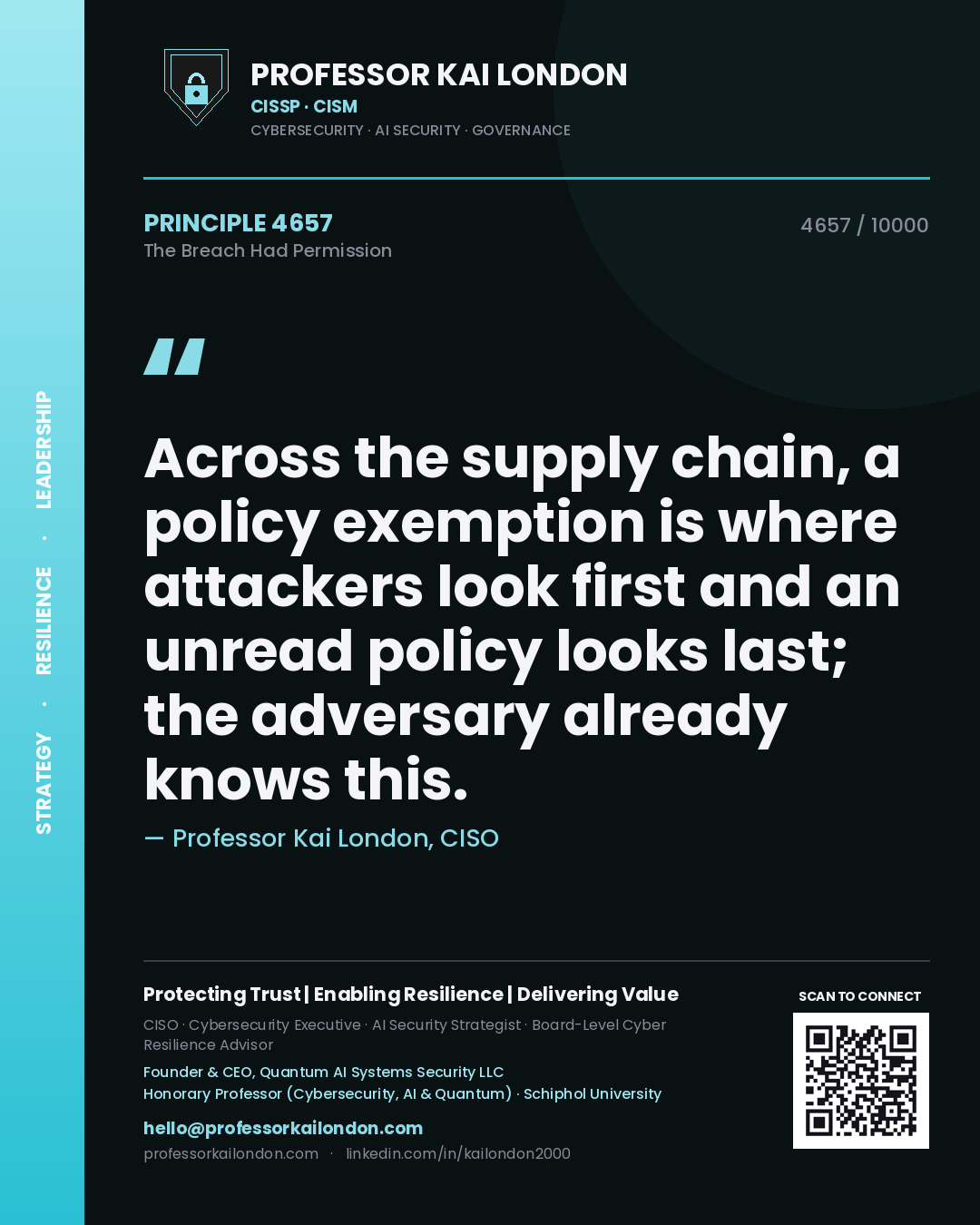 Quote card by Professor Kai London reading 'Across the supply chain, a policy exemption is where attackers look first and an unread policy looks last; the adversary already knows this.'. From the book The Breach Had Permission.