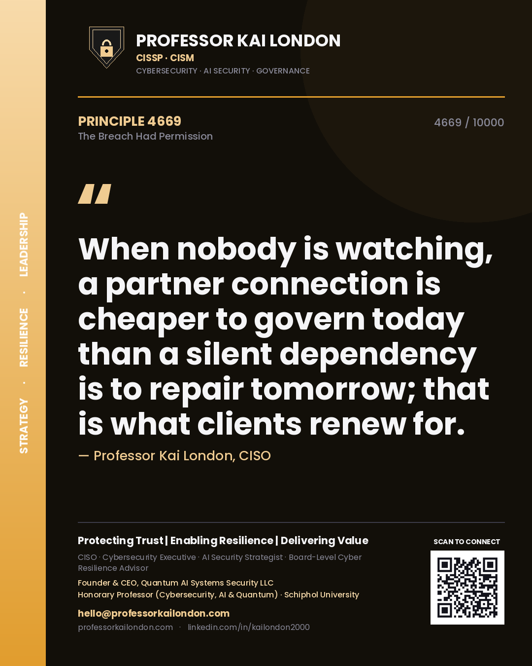 Quote card by Professor Kai London reading 'When nobody is watching, a partner connection is cheaper to govern today than a silent dependency is to repair tomorrow; that is what clients renew for.'. From the book The Breach Had Permission.