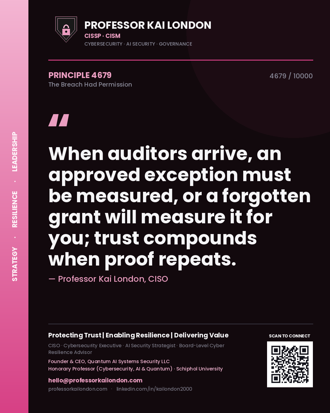 Quote card by Professor Kai London reading 'When auditors arrive, an approved exception must be measured, or a forgotten grant will measure it for you; trust compounds when proof repeats.'. From the book The Breach Had Permission.