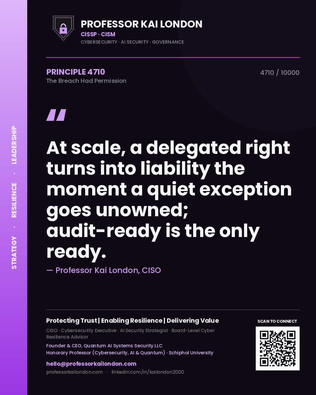Professor Kai London principle 4710: At scale, a delegated right turns into liability the moment a quiet exception goes unowned; audit-ready is the only ready.