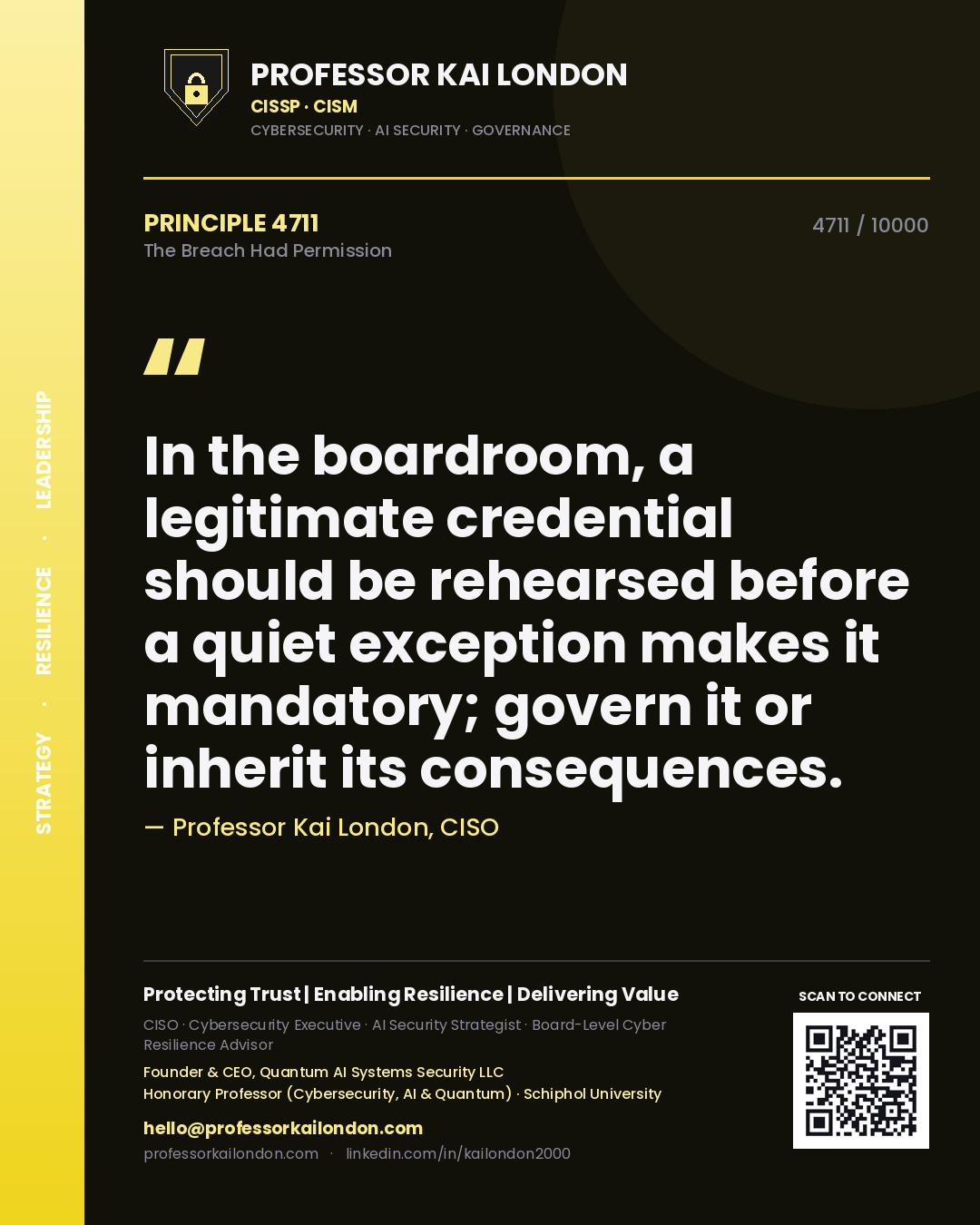 Quote card by Professor Kai London reading 'In the boardroom, a legitimate credential should be rehearsed before a quiet exception makes it mandatory; govern it or inherit its consequences.'. From the book The Breach Had Permission.