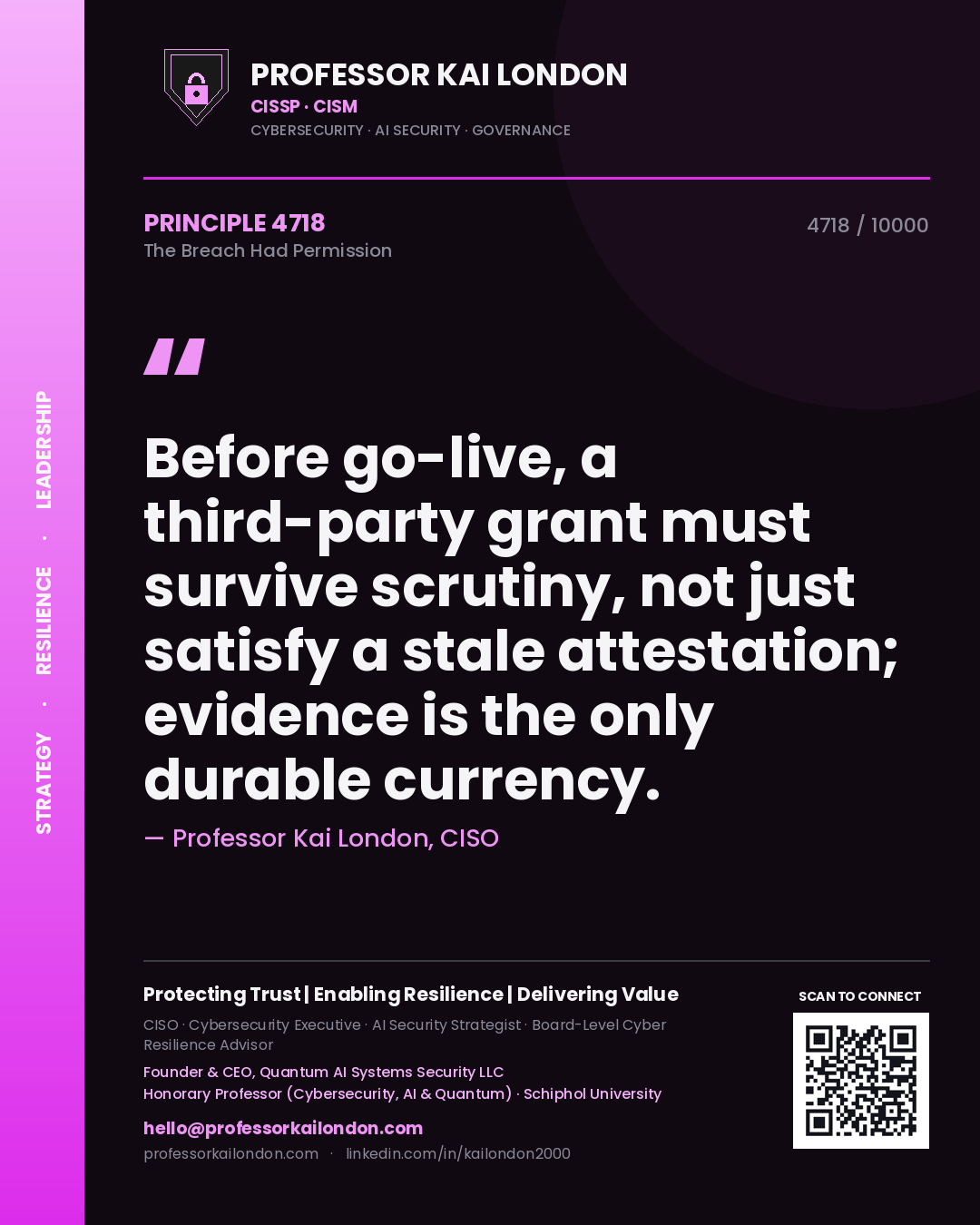 Quote card by Professor Kai London reading 'Before go-live, a third-party grant must survive scrutiny, not just satisfy a stale attestation; evidence is the only durable currency.'. From the book The Breach Had Permission.