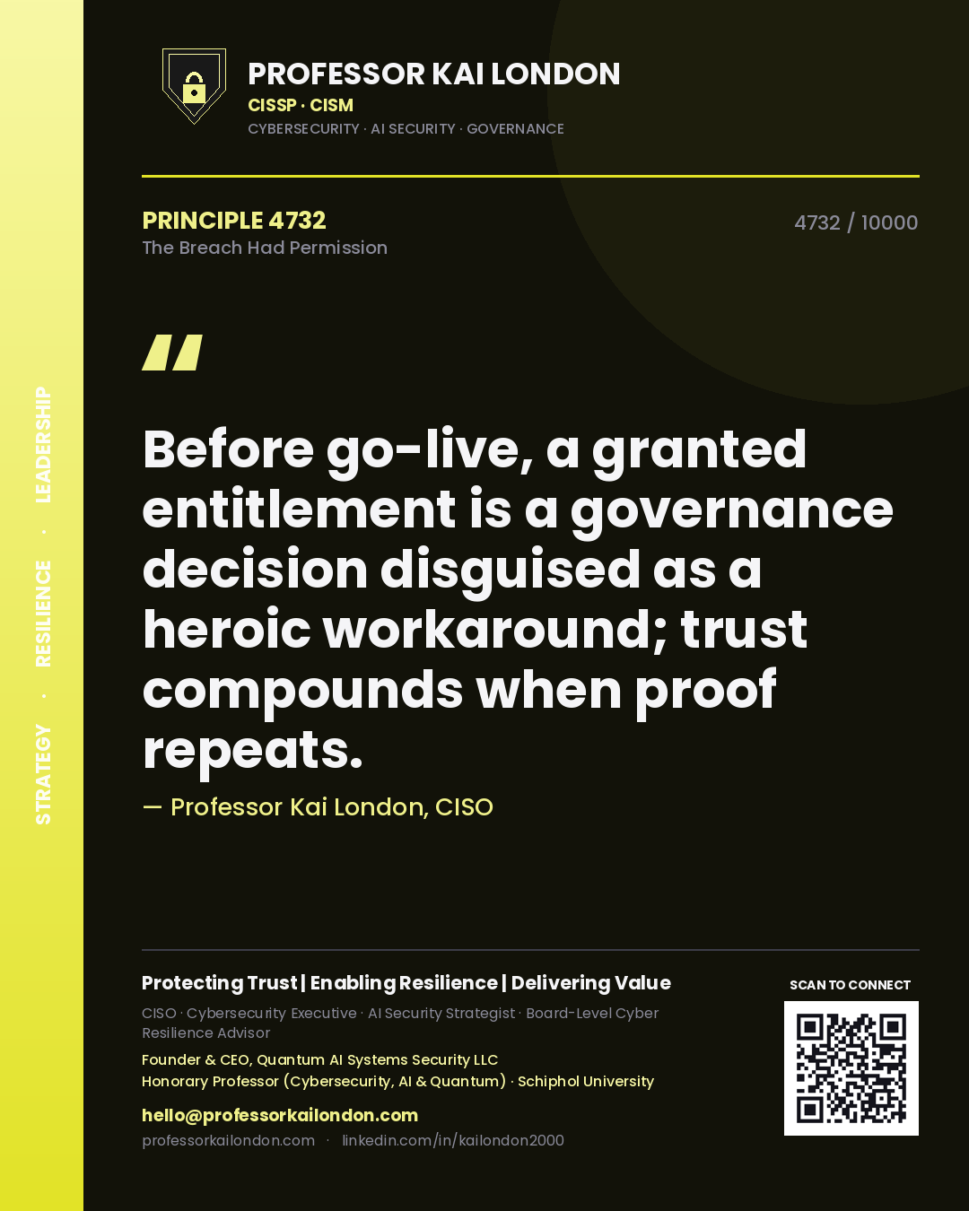 Professor Kai London principle 4732: Before go-live, a granted entitlement is a governance decision disguised as a heroic workaround; trust compounds when proof repeats.