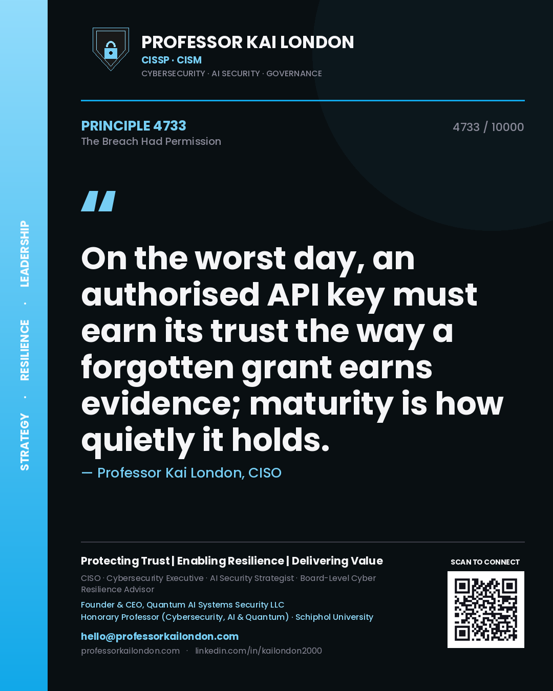 Quote card by Professor Kai London reading 'On the worst day, an authorised API key must earn its trust the way a forgotten grant earns evidence; maturity is how quietly it holds.'. From the book The Breach Had Permission.