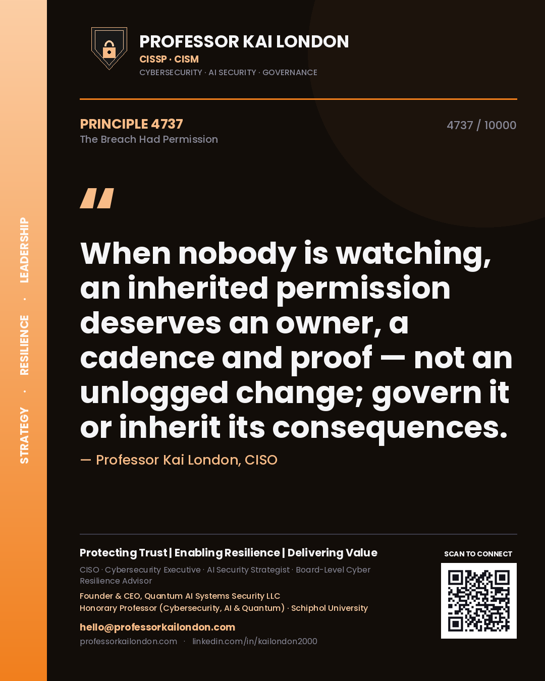 Professor Kai London principle 4737: When nobody is watching, an inherited permission deserves an owner, a cadence and proof — not an unlogged change; govern it or inherit its consequences.
