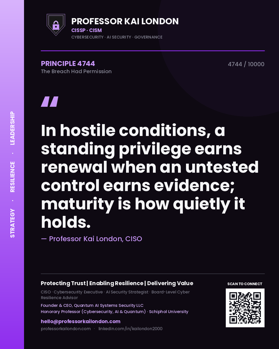 Quote card by Professor Kai London reading 'In hostile conditions, a standing privilege earns renewal when an untested control earns evidence; maturity is how quietly it holds.'. From the book The Breach Had Permission.