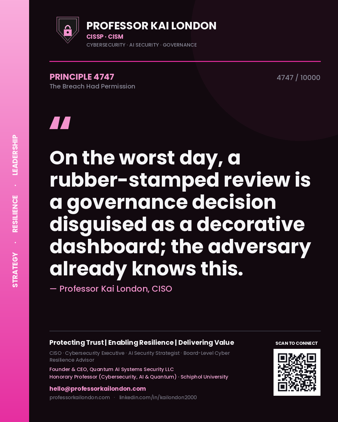 Professor Kai London principle 4747: On the worst day, a rubber-stamped review is a governance decision disguised as a decorative dashboard; the adversary already knows this.