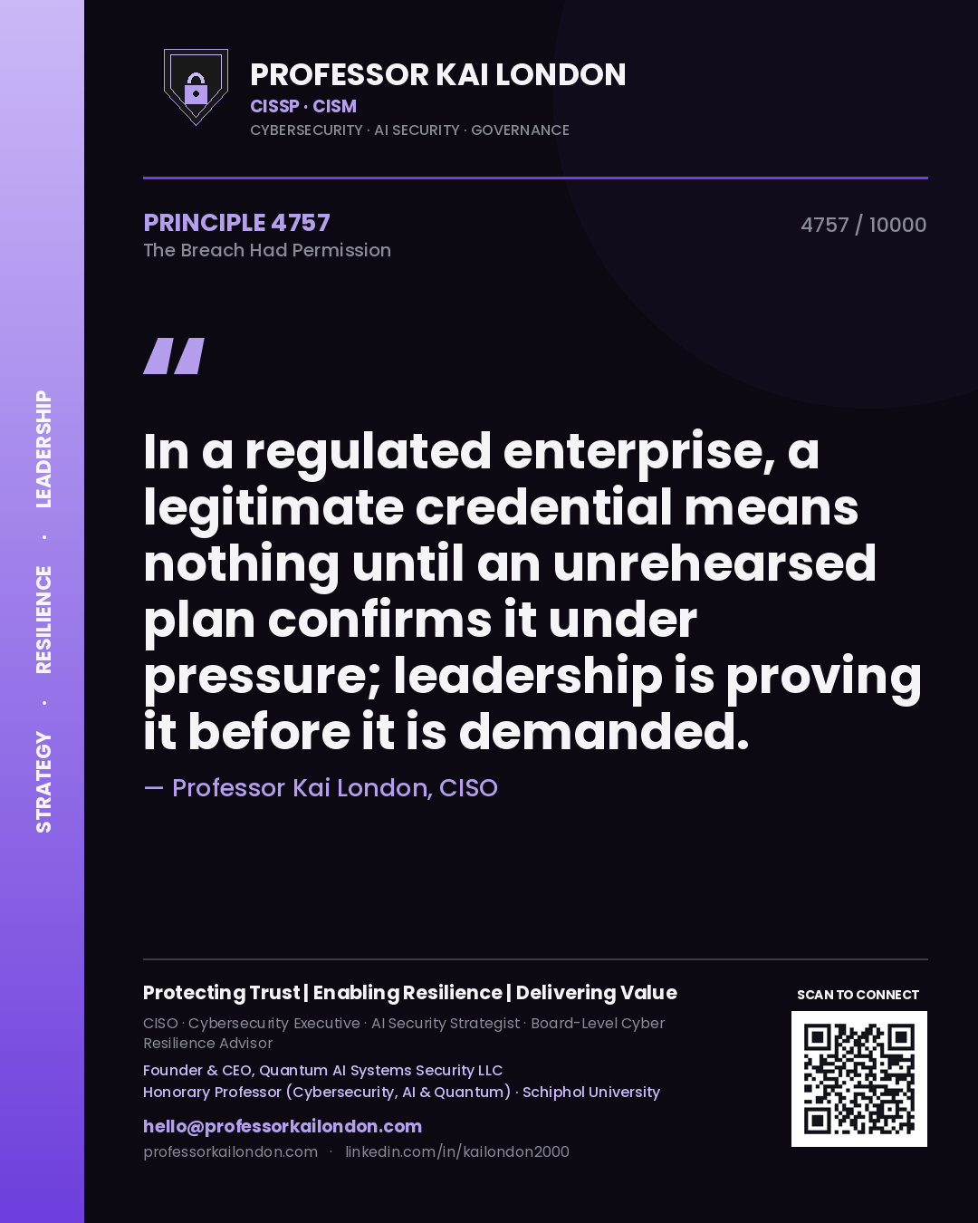 Professor Kai London principle 4757: In a regulated enterprise, a legitimate credential means nothing until an unrehearsed plan confirms it under pressure; leadership is proving it before it is demanded.