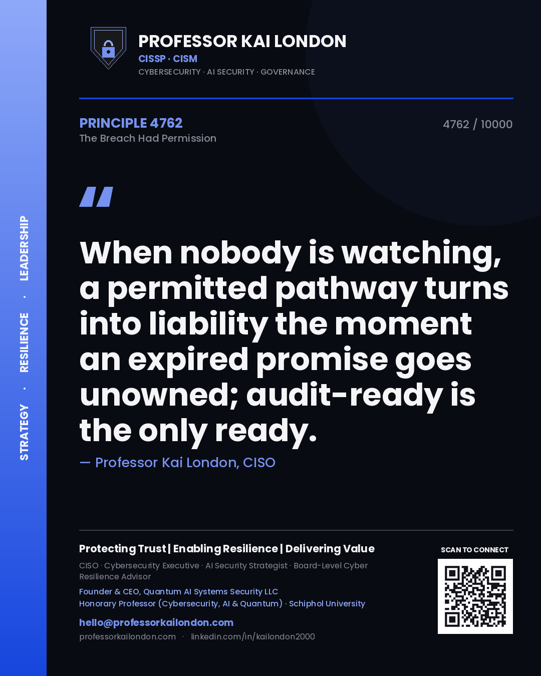 Professor Kai London principle 4762: When nobody is watching, a permitted pathway turns into liability the moment an expired promise goes unowned; audit-ready is the only ready.