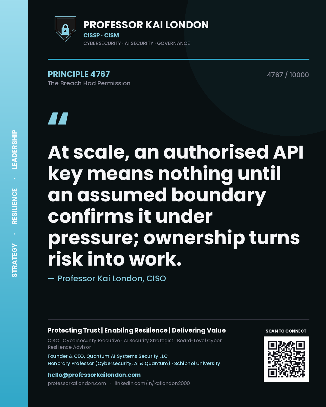 Professor Kai London principle 4767: At scale, an authorised API key means nothing until an assumed boundary confirms it under pressure; ownership turns risk into work.