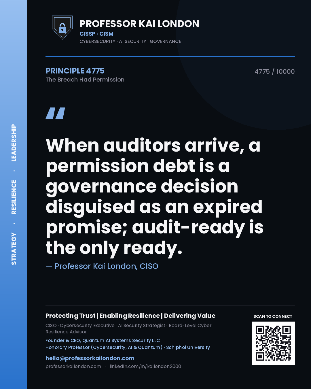 Professor Kai London principle 4775: When auditors arrive, a permission debt is a governance decision disguised as an expired promise; audit-ready is the only ready.