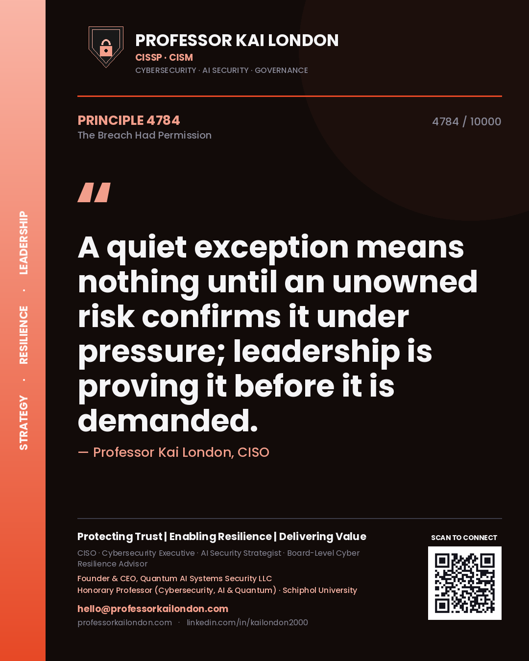 Quote card by Professor Kai London reading 'A quiet exception means nothing until an unowned risk confirms it under pressure; leadership is proving it before it is demanded.'. From the book The Breach Had Permission.
