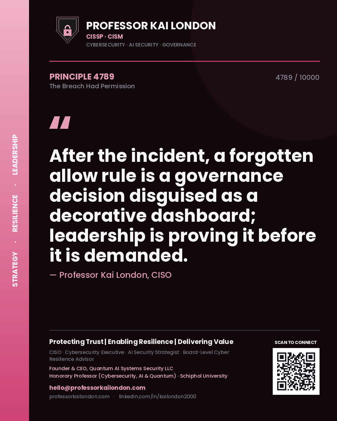 Quote card by Professor Kai London reading 'After the incident, a forgotten allow rule is a governance decision disguised as a decorative dashboard; leadership is proving it before it is demanded.'. From the book The Breach Had Permission.