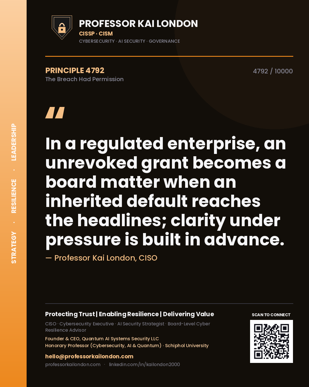 Quote card by Professor Kai London reading 'In a regulated enterprise, an unrevoked grant becomes a board matter when an inherited default reaches the headlines; clarity under pressure is built in advance.'. From the book The Breach Had Permission.