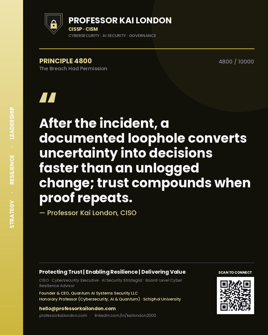 Quote card by Professor Kai London reading 'After the incident, a documented loophole converts uncertainty into decisions faster than an unlogged change; trust compounds when proof repeats.'. From the book The Breach Had Permission.